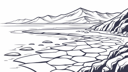 Frozen arctic shoreline with ice floes and mountain range drawing, shoreline © Golap