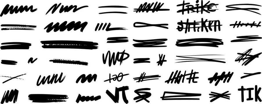 Hand drawn marker strikethrough strokes and underline collection. Black ink scribble lines with cross marks. Abstract brush accent blocks and text emphasis elements. Vector illustration.