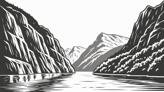 Deep mountain fjord with steep cliffs and forested shoreline illustration