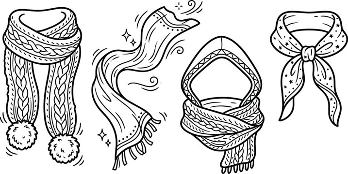 Hand drawn winter scarves vector collection featuring cozy knitted scarf with pompons flowing fringe muffler warm hooded wrap and star pattern knotted neck neckerchief