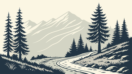 Fototapeta premium Mountainous landscape with winding path and pine trees mountains landscape
