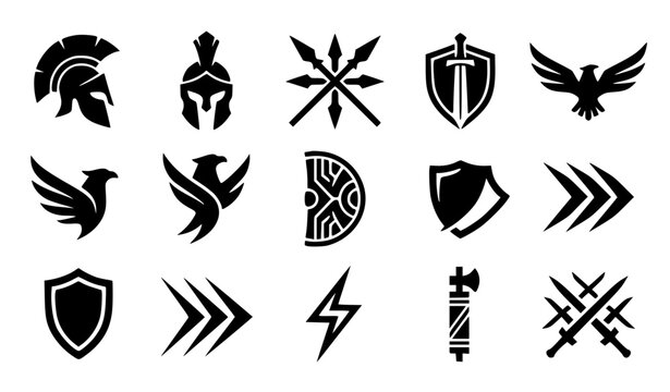 Modern abstract bellona goddess symbol vector clipart set with minimalist clean outline roman war helmet heraldry crest and warrior logo graphics black and white