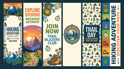 Obraz premium Vintage hiking adventure vertical banners, outdoor exploration club posters with mountain landscapes, set of 6 retro camping vector illustrations