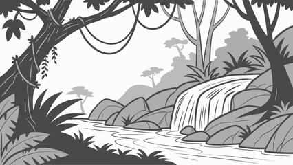 Tropical jungle waterfall in a dense rainforest black and white graphic © Tasfia