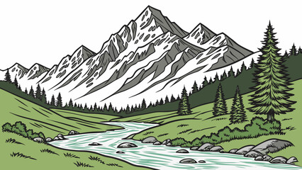Fototapeta premium Illustrated mountain landscape with river and pine forest mountain landscape