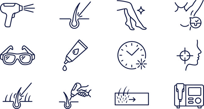 Laser hair removal and epilation thin line icons vector set featuring follicle treatment salon machine smooth legs safety goggles face profile and cooling gel