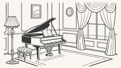 Elegant living room interior featuring a grand piano and luxury curtains © Tasfia