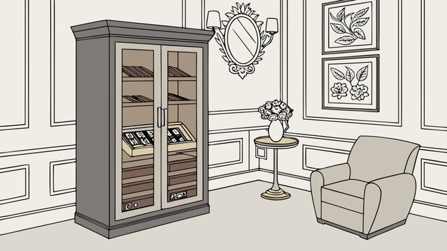 Cigar humidor cabinet in elegant lounge interior isometric illustration