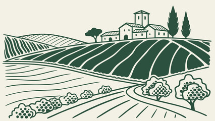 Rolling hills and farmland with a villa and cypress trees landscape plantation © Tasfia