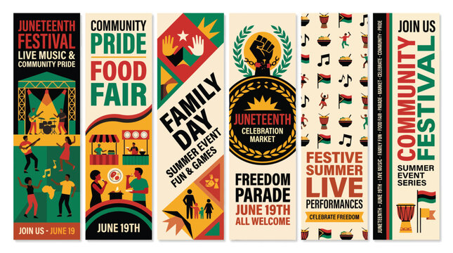 Juneteenth Festival Vertical Banner Set, African American Heritage Celebration Posters, Community Pride and Freedom Day Event Graphics, 6 Vector Templates