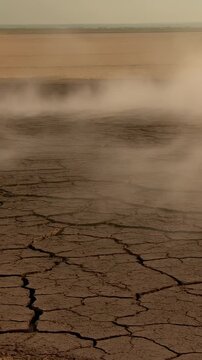 Vertical video: Stirring wind lifting dust band and forming vertical column over dry cracked soil