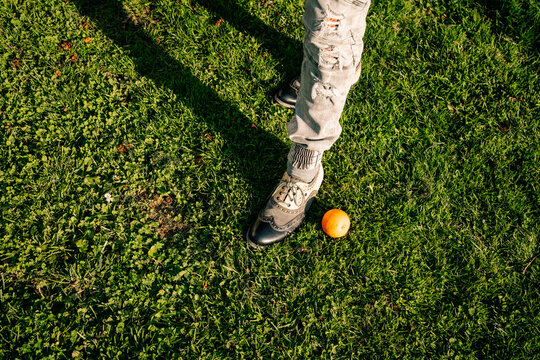 Person Stands on Grass Next to an Apple in a Sunny Park