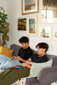 Brothers gaming on cozy sofa