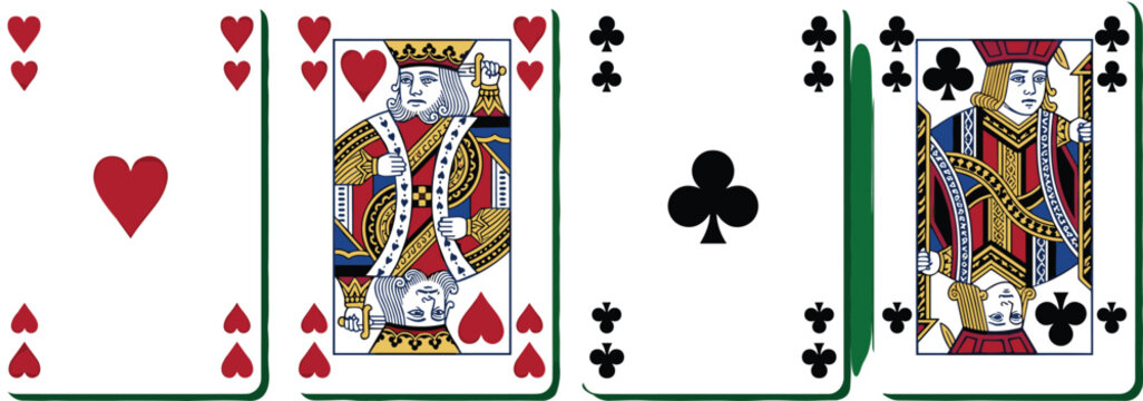 Playing cards vector set featuring seven of hearts king of hearts seven of clubs and jack of clubs face cards for casino 