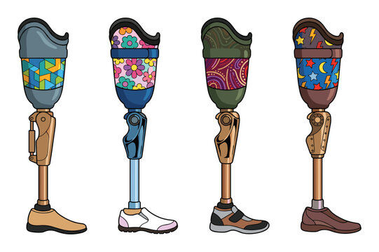 Four personalized prosthetic limbs showcase disability, orthopedic support, and stylish mobility solutions