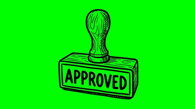 Hand drawn rubber stamp animation with approved text on green screen chroma key background. Black line art doodle loop without white fill