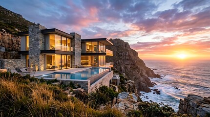 Fototapeta premium Modern stone house with infinity pool on a cliff edge overlooking the sea during a golden sunset