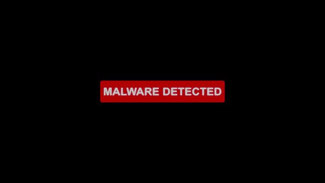 Malware Detected Alert Animation on Black Background, Cyber Security and Data Protection Concept 4K