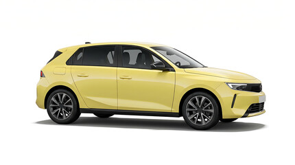Fototapeta premium Yellow hatchback car with black wheels and windows isolated on white background