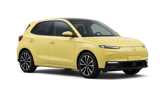Yellow hatchback car with black roof and wheels isolated on white background