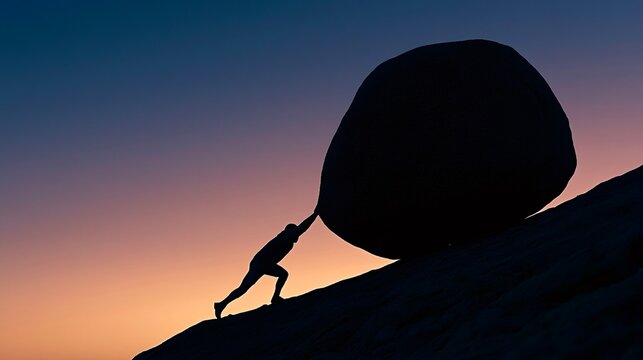 Person pushing large boulder uphill at sunset