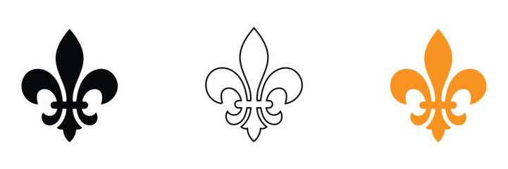 Fleur de lis symbol icon set in black, Line art, And orange on white background for design and decoration © graphicsart.one