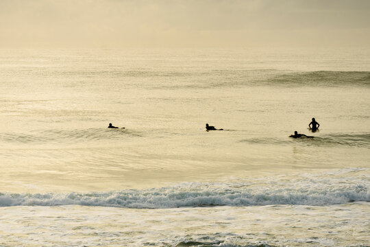 Surfers paddling out at sunrise