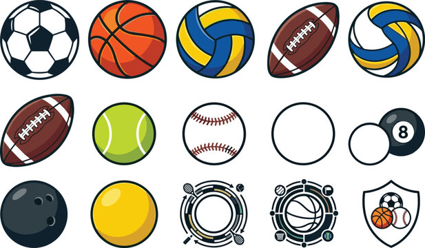 Multi Sport Game Ball Icon Set Featuring Soccer Basketball Volleyball Rugby American Football Tennis Baseball Billiard Bowling and Athletic Tournament Shield Badges