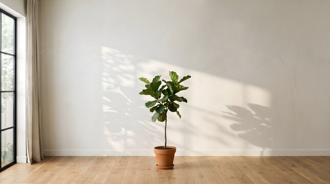 Indoor potted plant bathed in sunlight creating shadow patterns on wall