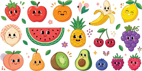 Fototapeta premium Set of Cute Kawaii Fruits with Funny Faces Vector Illustration Featuring Colorful Healthy Foods