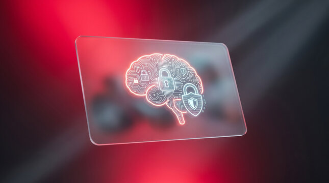Glowing artificial intelligence brain with digital locks on frosted glass, cybersecurity and data protection concept