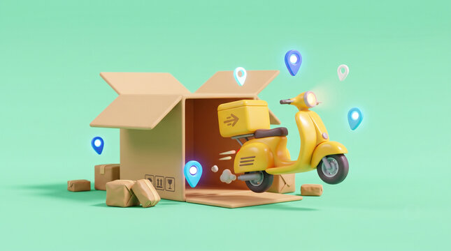 3D cute yellow delivery scooter driving out of a cardboard box with glowing location pins, fast express shipping concept