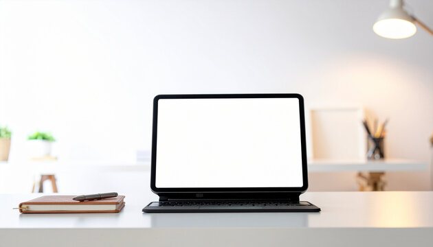 Modern tablet with blank white screen and keyboard on a clean minimalist white office desk setup
