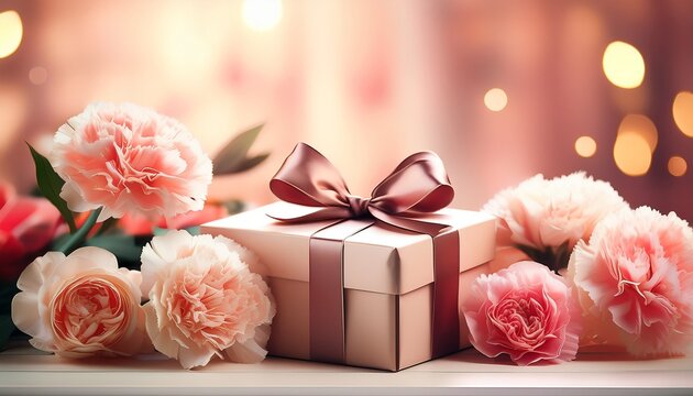 Elegant Mother S Day Gift Box With Matte Texture And Velvet Ribbon Bow Pink Carnation Soft Morning Light With Bokeh Morandi Red And Cream White Negative Space For Text For Banner Or Media