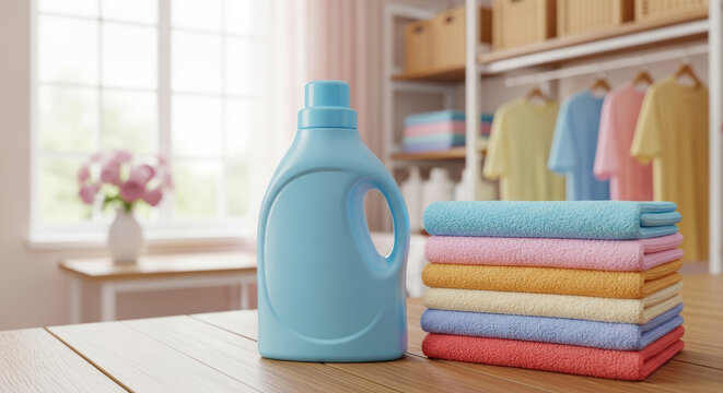 Blue laundry detergent bottle with stack of colorful folded towels in bright home laundry room background