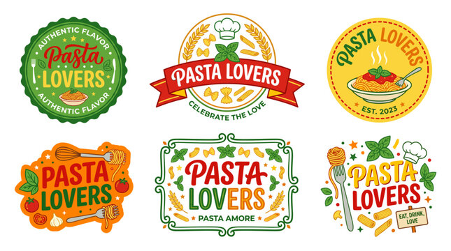 Pasta lovers logo collection featuring various designs for italian food branding, incorporating spaghetti, noodles, chef hats, basil leaves, wheat, and utensils