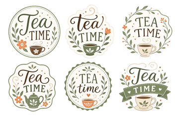 Fototapeta premium Six unique tea time labels or stickers crafted with decorative typography, floral accents, steaming cups, and teapots, offering a vintage, organic feel for various design applications