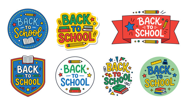 Set of illustrated back to school themed emblems and labels celebrating education and learning. Showing school supplies such as books. Pencils. And rulers