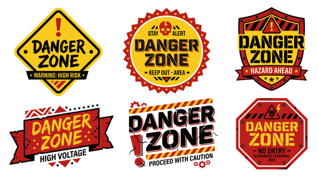 Danger zone warning signs collection showing various caution badges with high risk, hazard ahead, high voltage, no entry, and keep out area messages