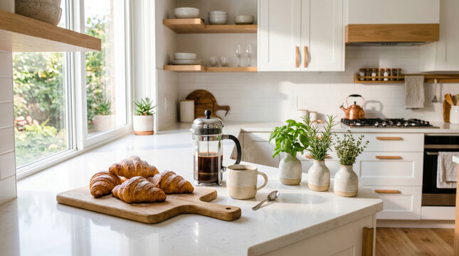Bright White Kitchen Island with Croissants French Press Coffee Herbs and Natural Morning Light