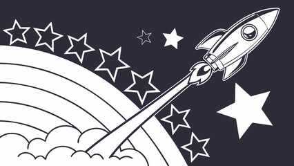 Rocket ship launching into space illustration with exploration, astronomy © Mehe