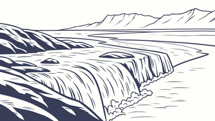 Dramatic waterfall landscape line art vector illustration with waterfall © Mehe