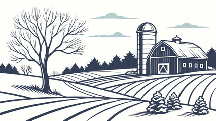 Vintage farmstead landscape illustration with barn and rolling fields, landscape © Mehe