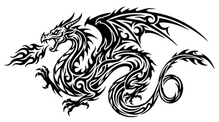 Fototapeta premium Tribal Dragon Tattoo Illustration with Fire Breath