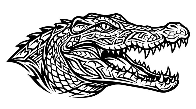 Tribal Crocodile Head Illustration Black and White