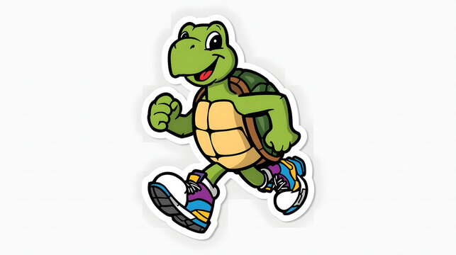 Smiling turtle cartoon character running with colorful shoes