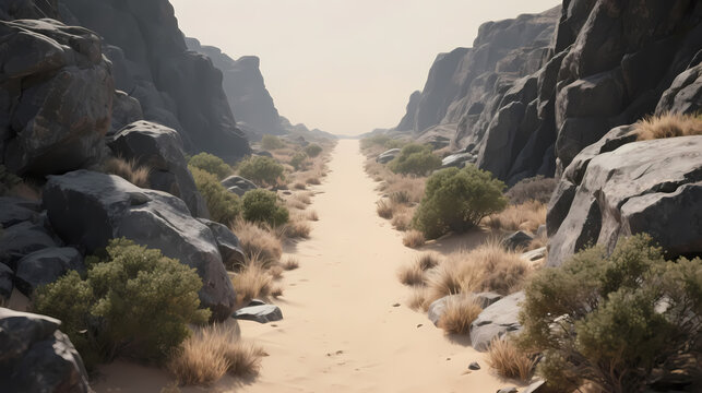 Dusty path through rocky desert canyon