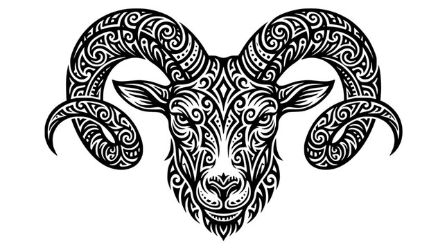 Tribal Ram Head Illustration with Intricate Black and White Swirl Patterns