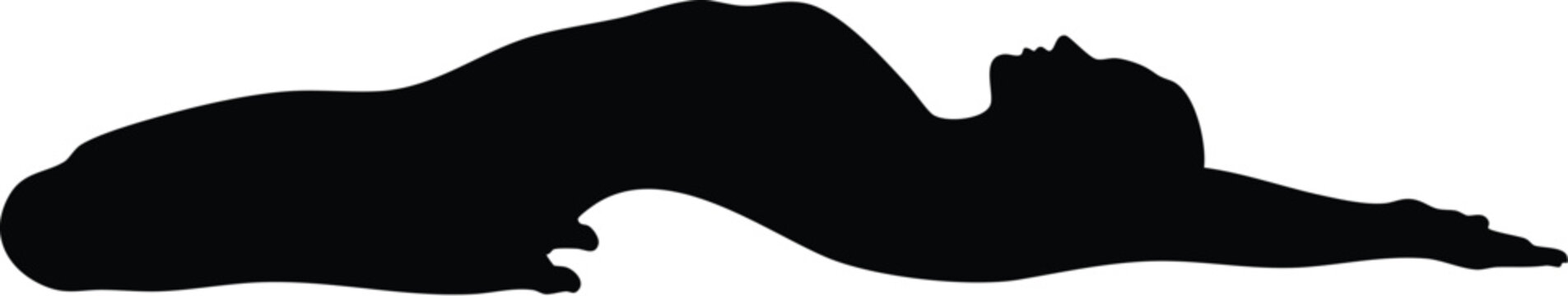 Woman silhouette performs a yoga pose while stretching her back in this minimalist black and white graphic illustration.