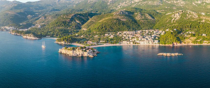Aerial view of Sveti Stefan island resort and Adriatic coastline in Montenegro